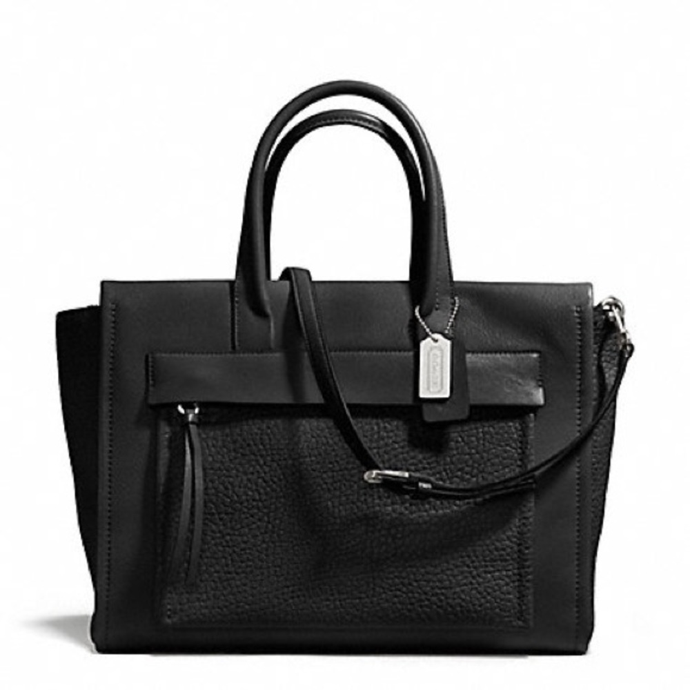 Coach Bleecker Riley Carryall Satchel Crossbody in Pebbled Black Leather Bag
